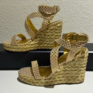 Donna Karan Yoseline Raffia Braided Gold Wedge Strappy Sandals